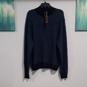 Bruno Magli Men's Navy and Blue Zip-Neck Merino Wool Sweater